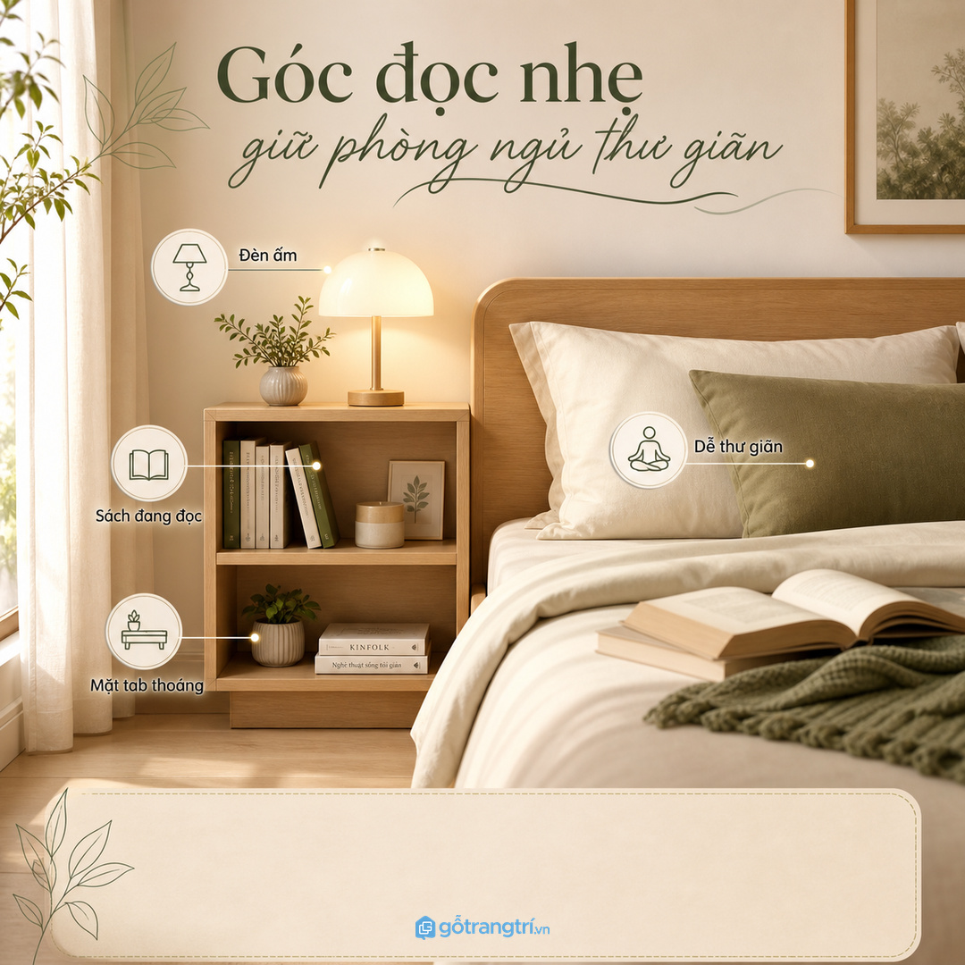Góc đọc tối cần vừa đủ sáng vừa sạch mặt phẳng cạnh giường