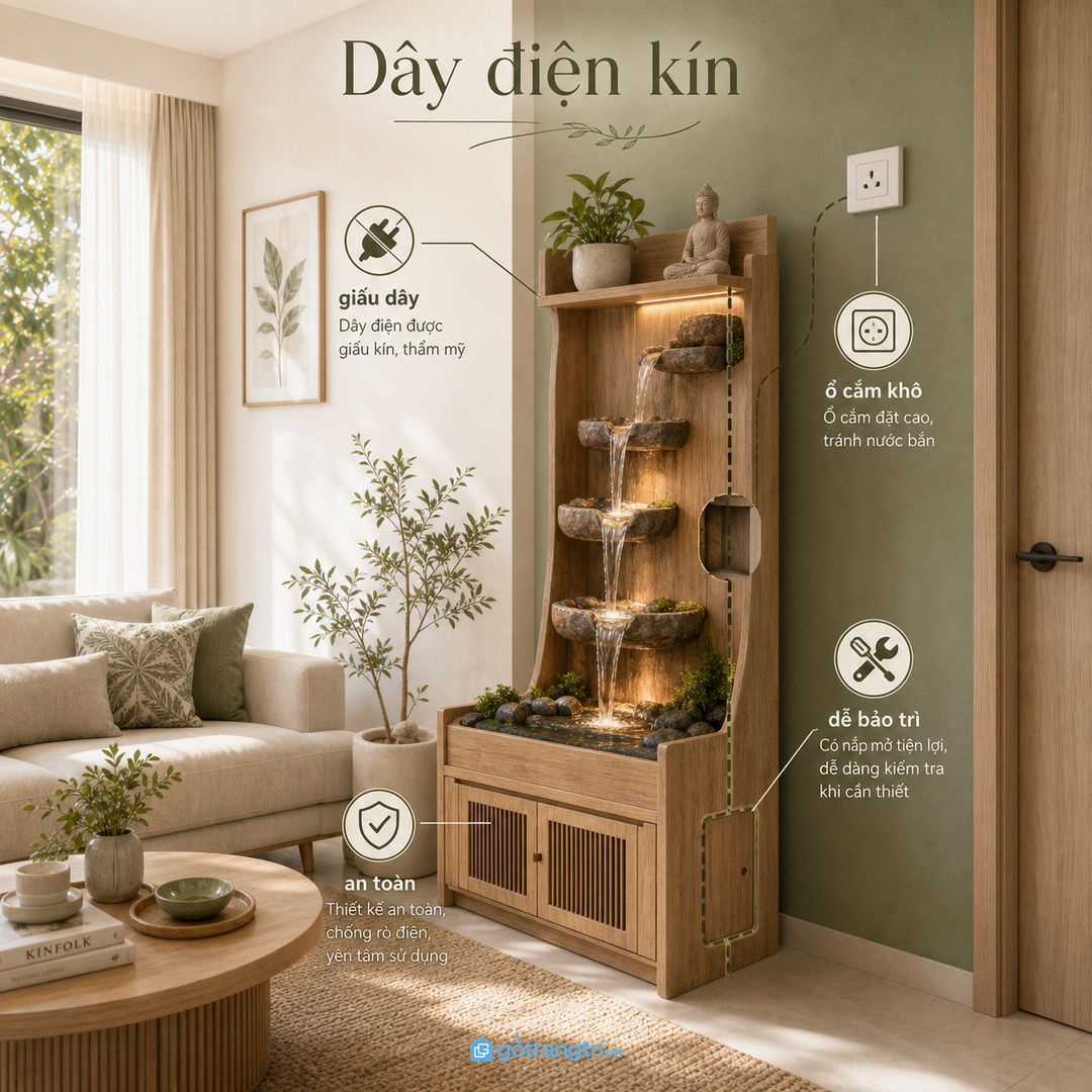 Dây điện và ổ cắm phải được giấu kín trong vùng khô ráo