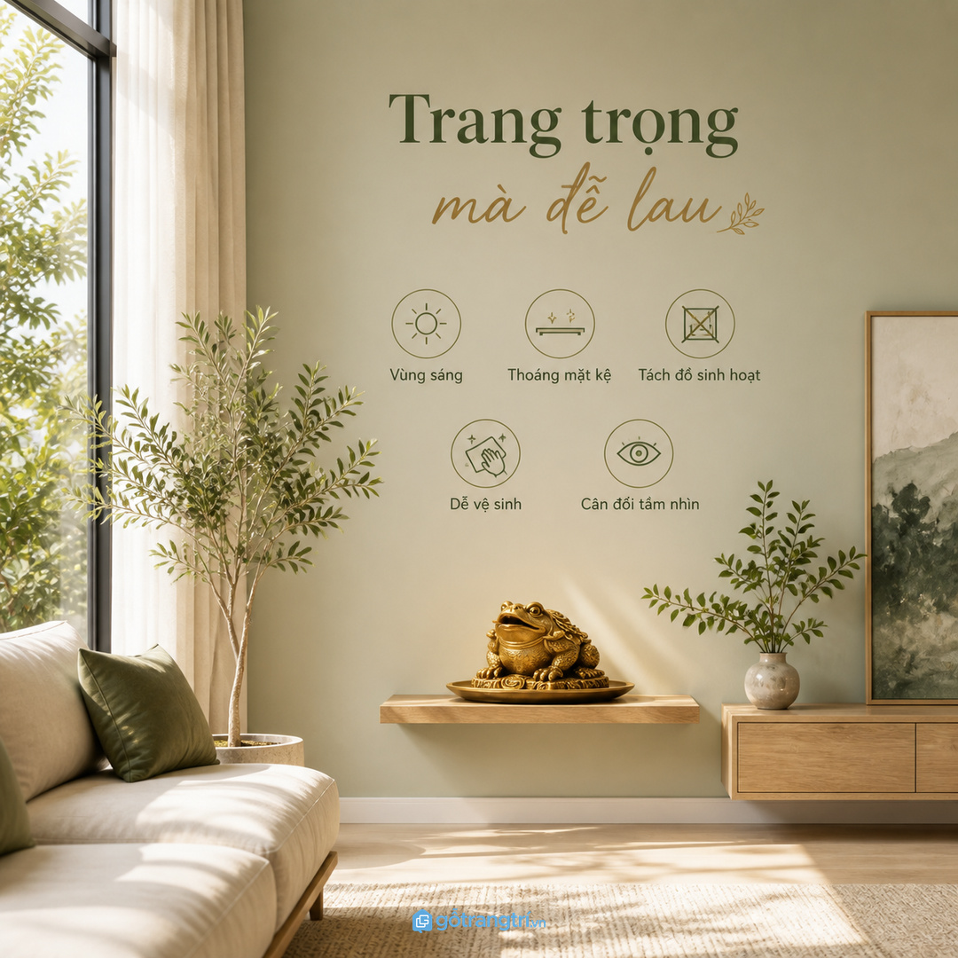 Vị trí trang trọng nhưng dễ lau giúp điểm tài lộc sáng và sạch hơn