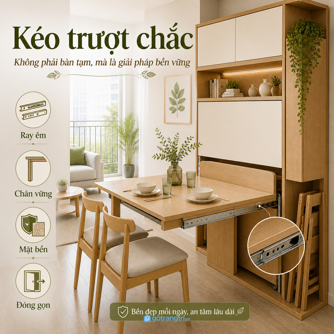 Tủ bàn ăn kéo trượt không phải đồ tạm nếu ray, chân và mặt bàn được tính đúng