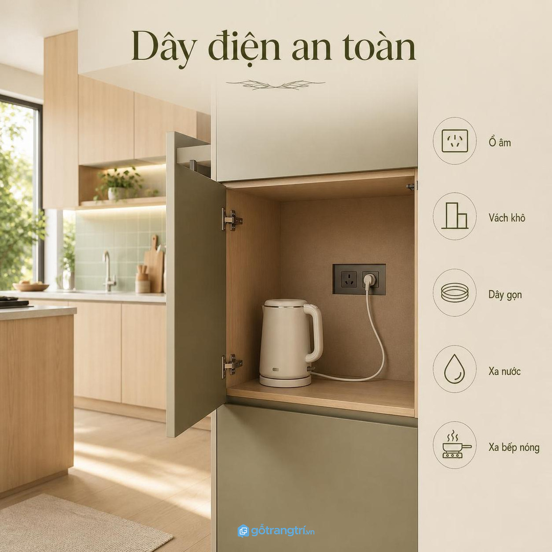 Dây điện trong bếp cần tránh nước, tránh nóng và dễ rút phích