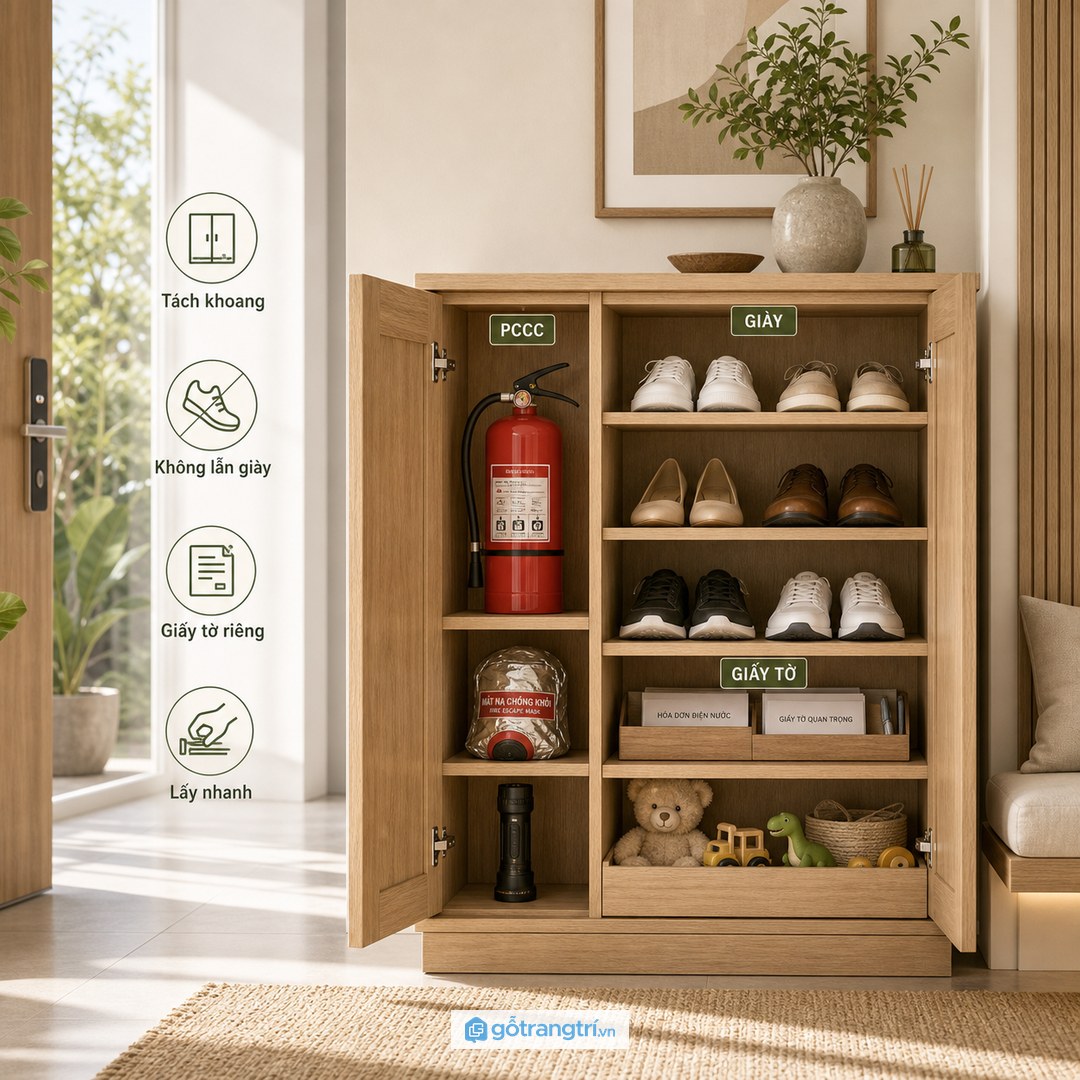 Bình chữa cháy mặt nạ và đèn pin không nên nằm chung với giày dép đồ chơi hay giấy tờ thường ngày