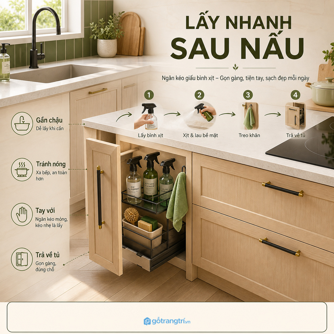 Ray kéo thấp giúp lấy chai lau dầu nhanh sau mỗi lần nấu
