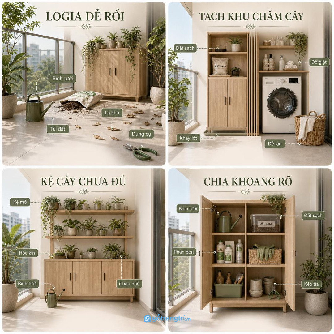 Góc cây cần chỗ cất riêng để đất nước và lá khô không lẫn vào khu giặt phơi