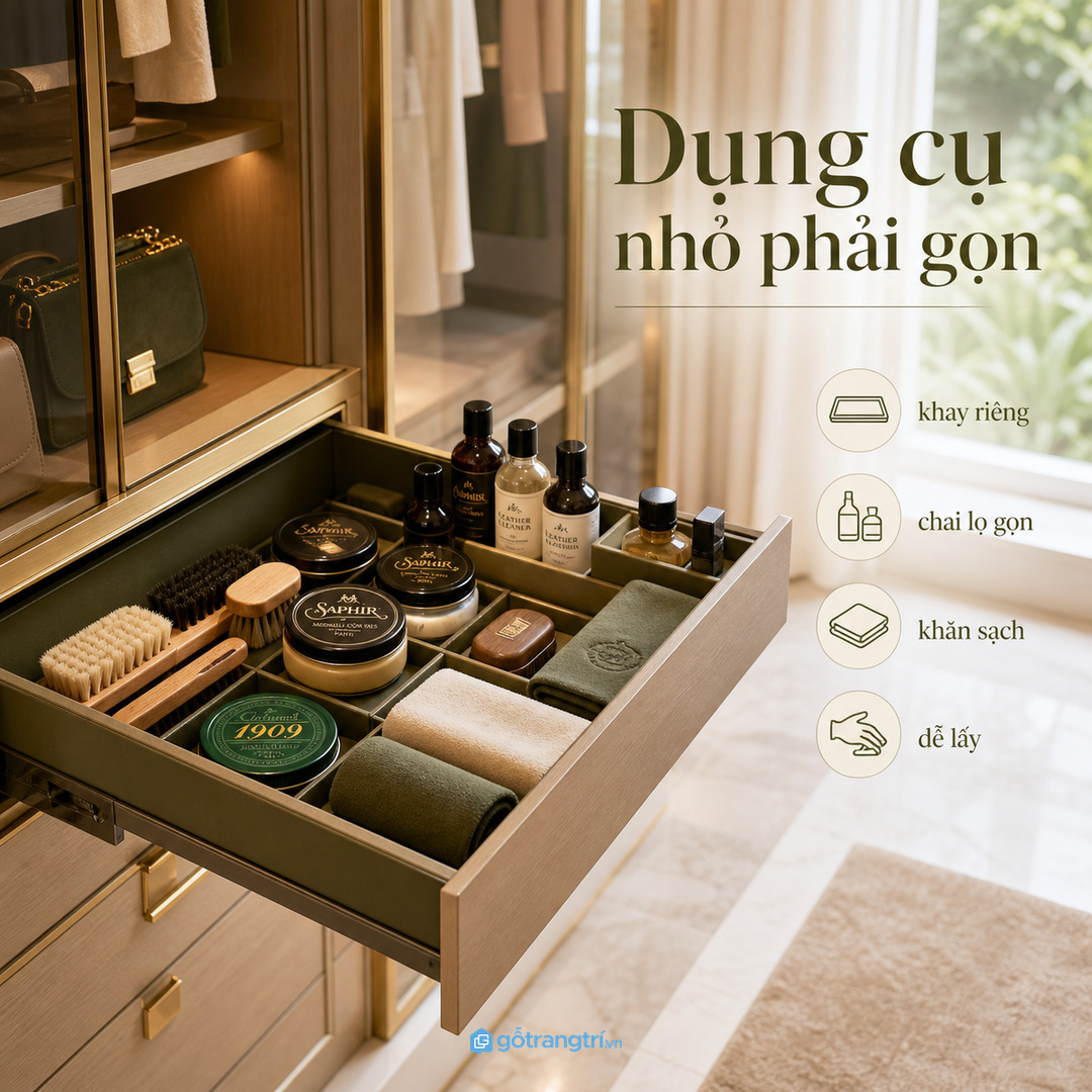 Xi giày kem dưỡng và bàn chải nhỏ cần khay riêng để phòng thay đồ không rối