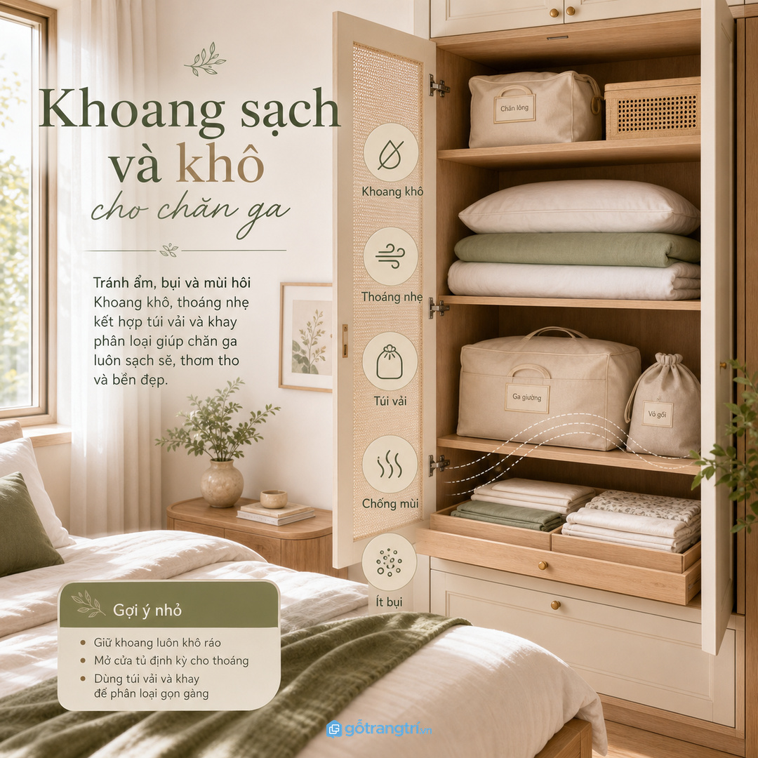 Khoang sạch và khô giúp chăn ga gối ít bụi ít mùi hơn