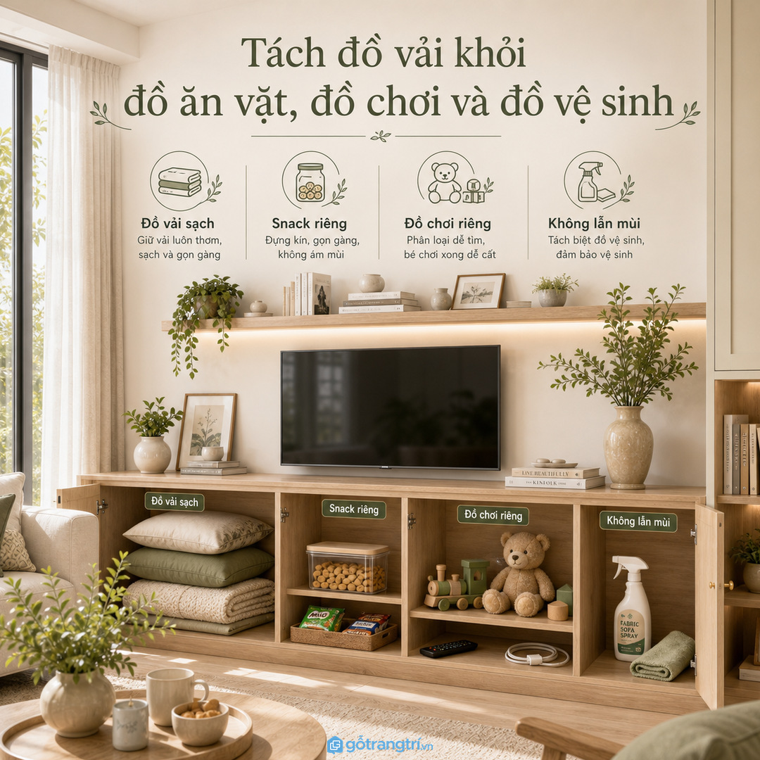 Đồ vải cần tách khỏi đồ ăn vặt, đồ chơi và dụng cụ vệ sinh