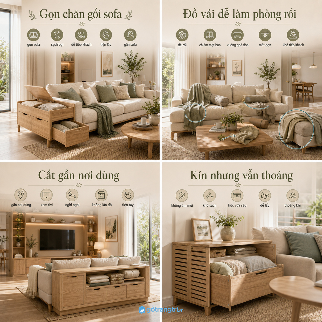 Đồ vải phòng khách cần cất gần sofa nhưng không nên lẫn với đồ cá nhân