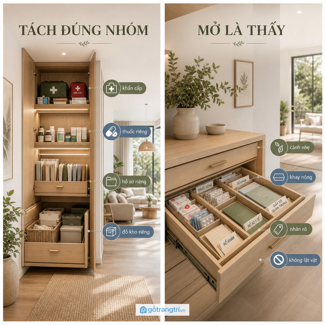 Đồ cần lấy nhanh không nên nằm lẫn với thuốc cá nhân giấy tờ thường ngày hay đồ kho