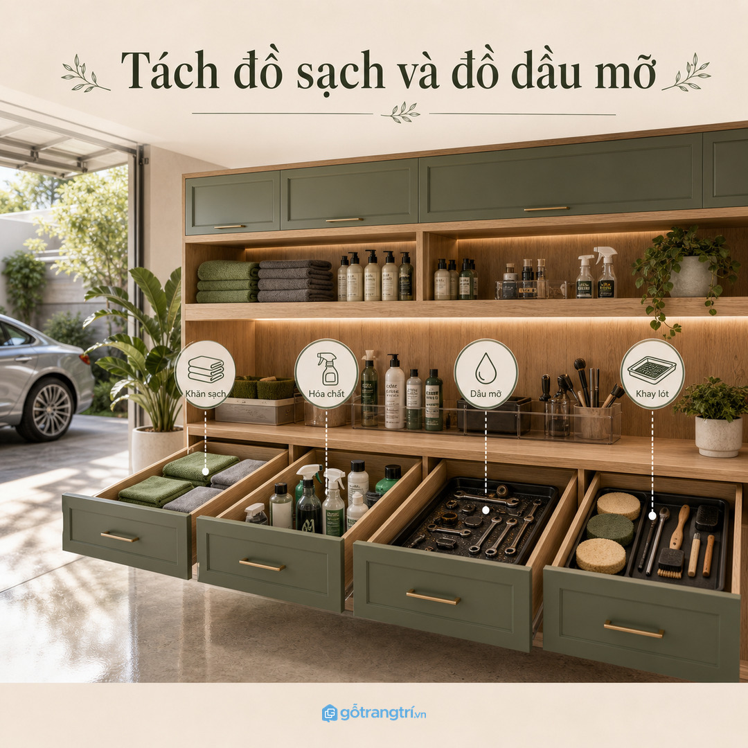 Tách đồ sạch đồ dầu mỡ và hóa chất để gara ít mùi hơn