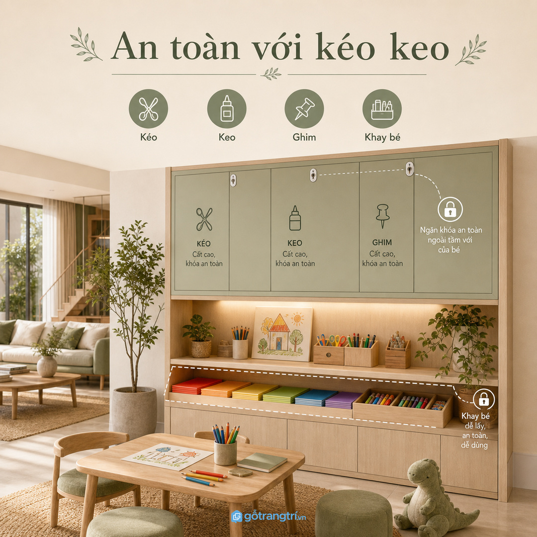 Giấy màu, keo và màu vẽ cần khoang khô, kín bụi và dễ lau