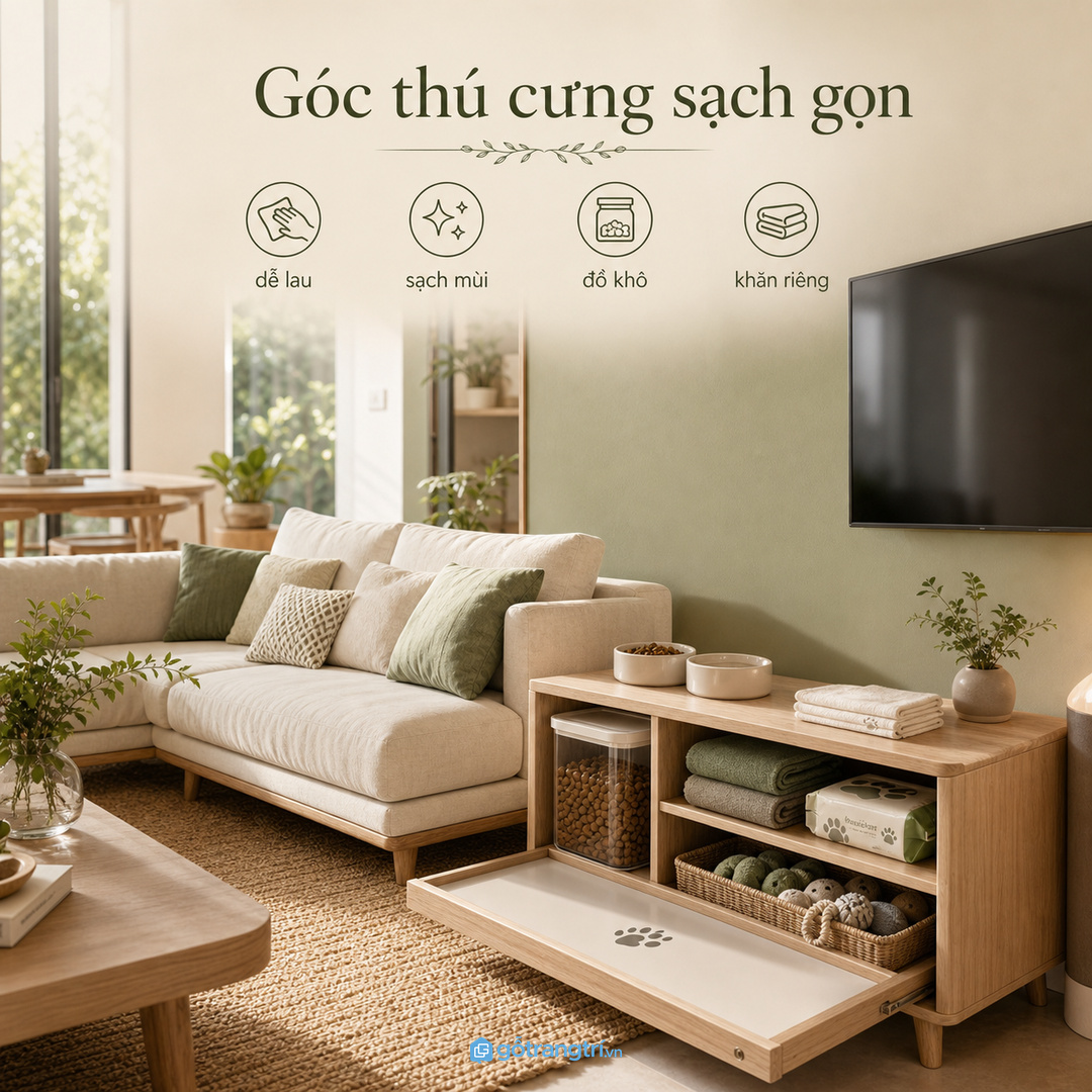 Góc chăm thú cưng cần sạch mùi, dễ lau và không chắn lối đi