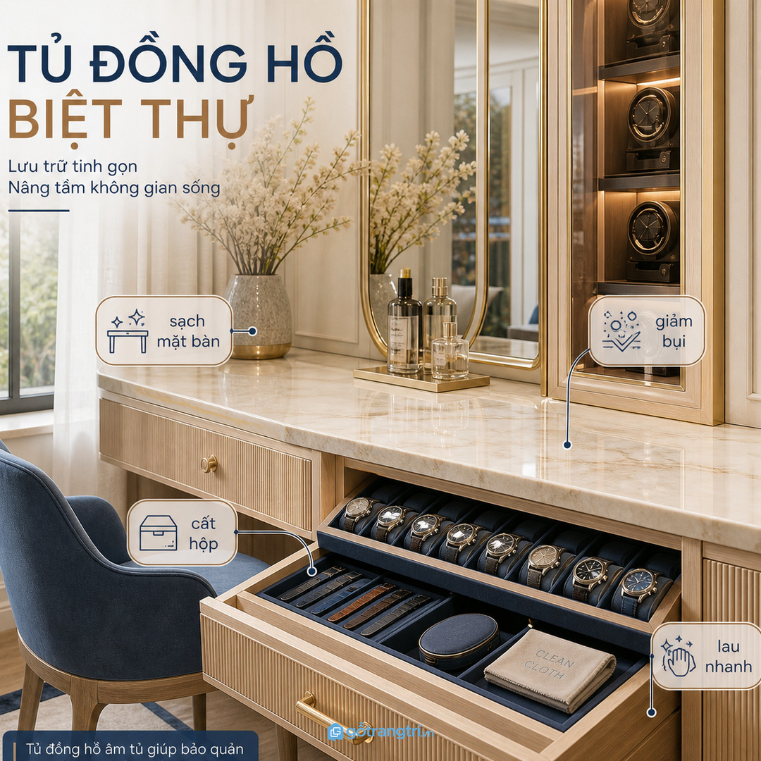 Hộp đồng hồ rời khiến bàn trang điểm dễ rối và bám bụi