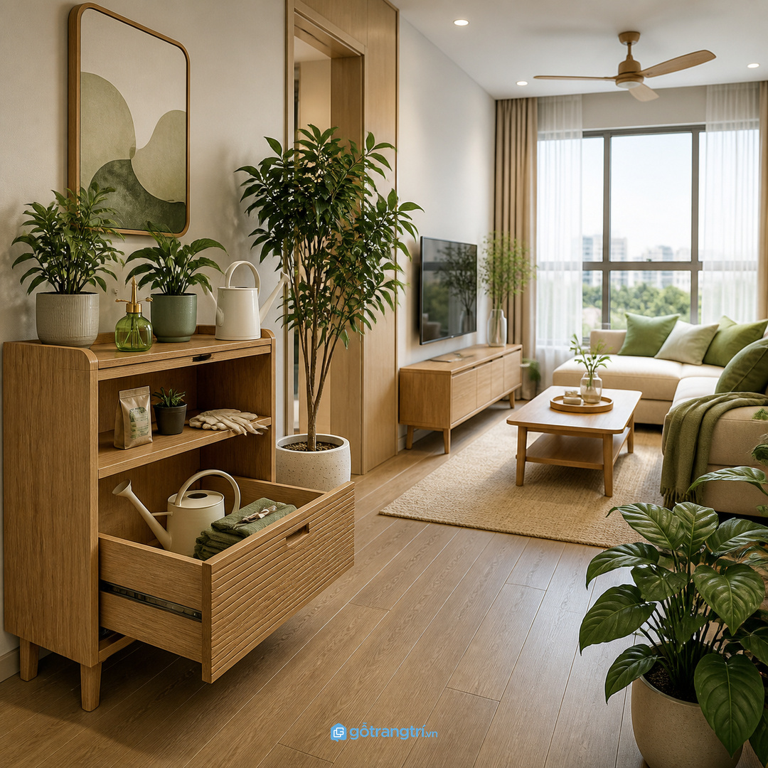 Bình tưới, đất trồng và khay lót nên có khoang riêng để mặt kệ sạch hơn.