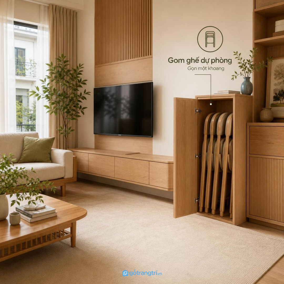 Phòng khách nhỏ cần ghế dễ lấy khi có khách nhưng không chắn lối đi mỗi ngày