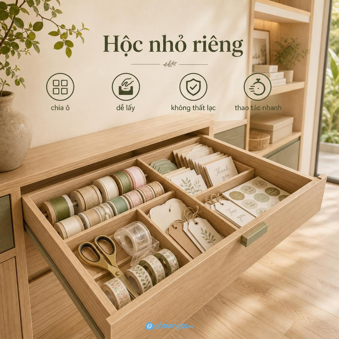 Ruy băng, kéo và băng dính cần hộc nhỏ riêng để không thất lạc