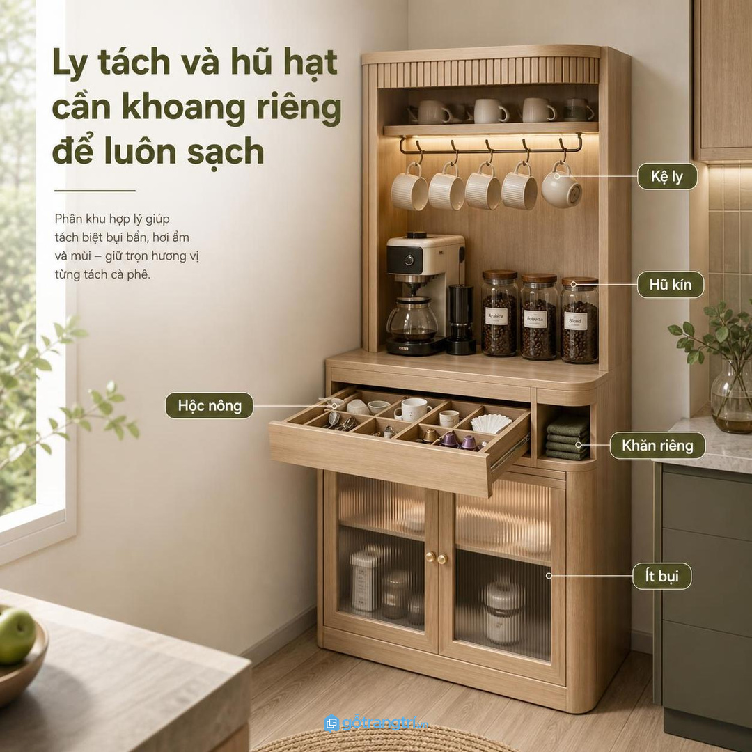 Ly tách và hũ hạt cần khoang riêng để luôn sạch