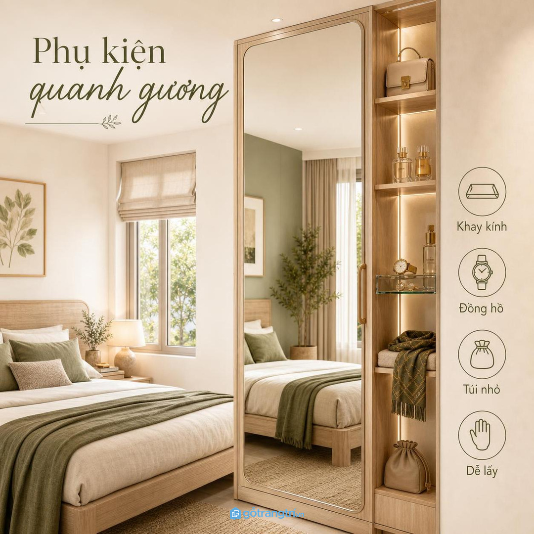 Gương toàn thân nên đi cùng hộc phụ kiện để kính, đồng hồ, khăn và túi nhỏ không rơi vãi