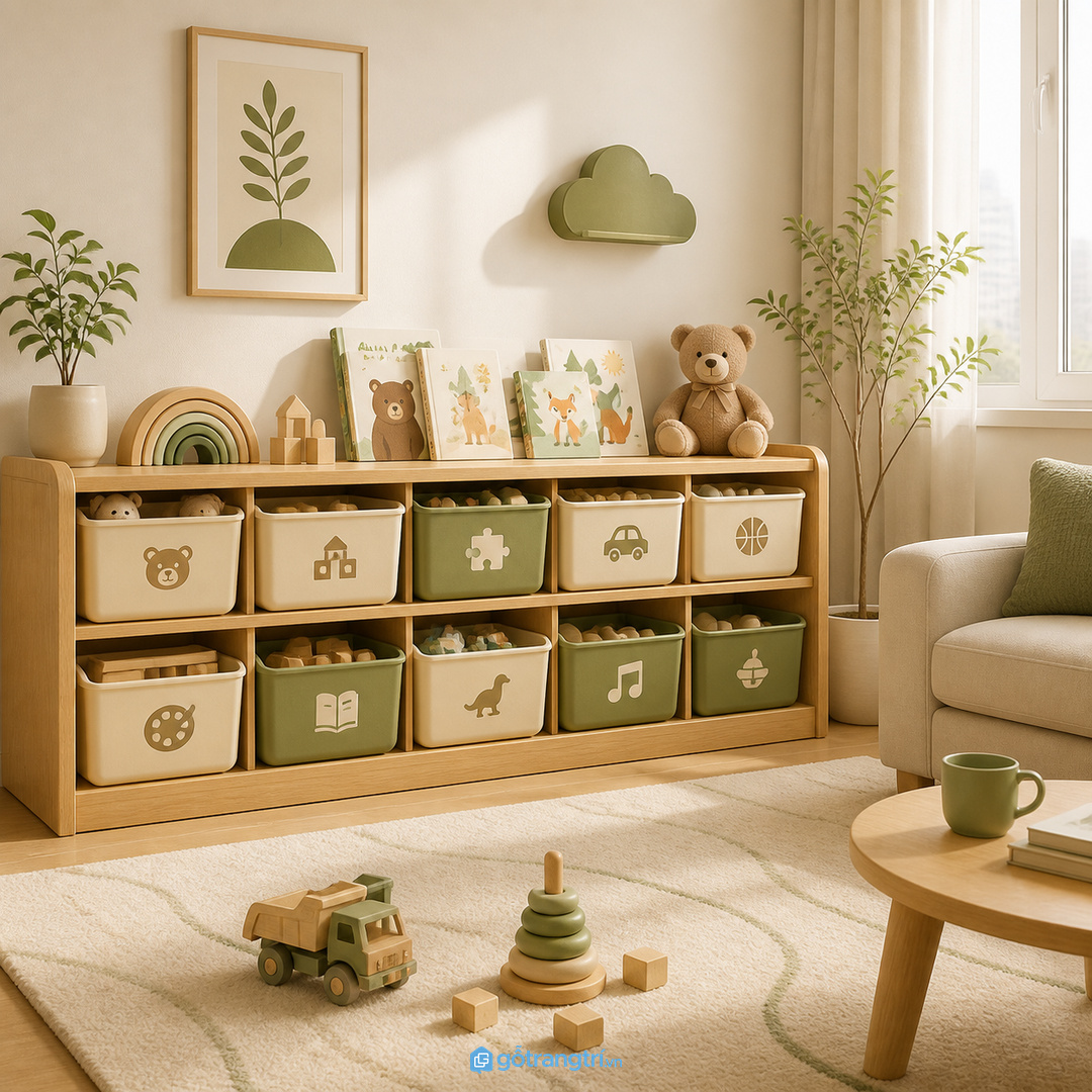 Kệ thấp giúp trẻ nhìn thấy món cần chơi và tự trả đồ về đúng ô sau khi dùng