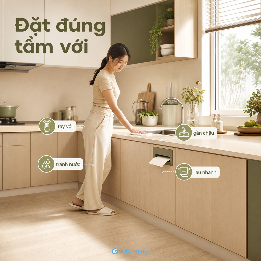 Vị trí giấy lau tay quyết định nhịp rửa tay và lau bếp có gọn hay không