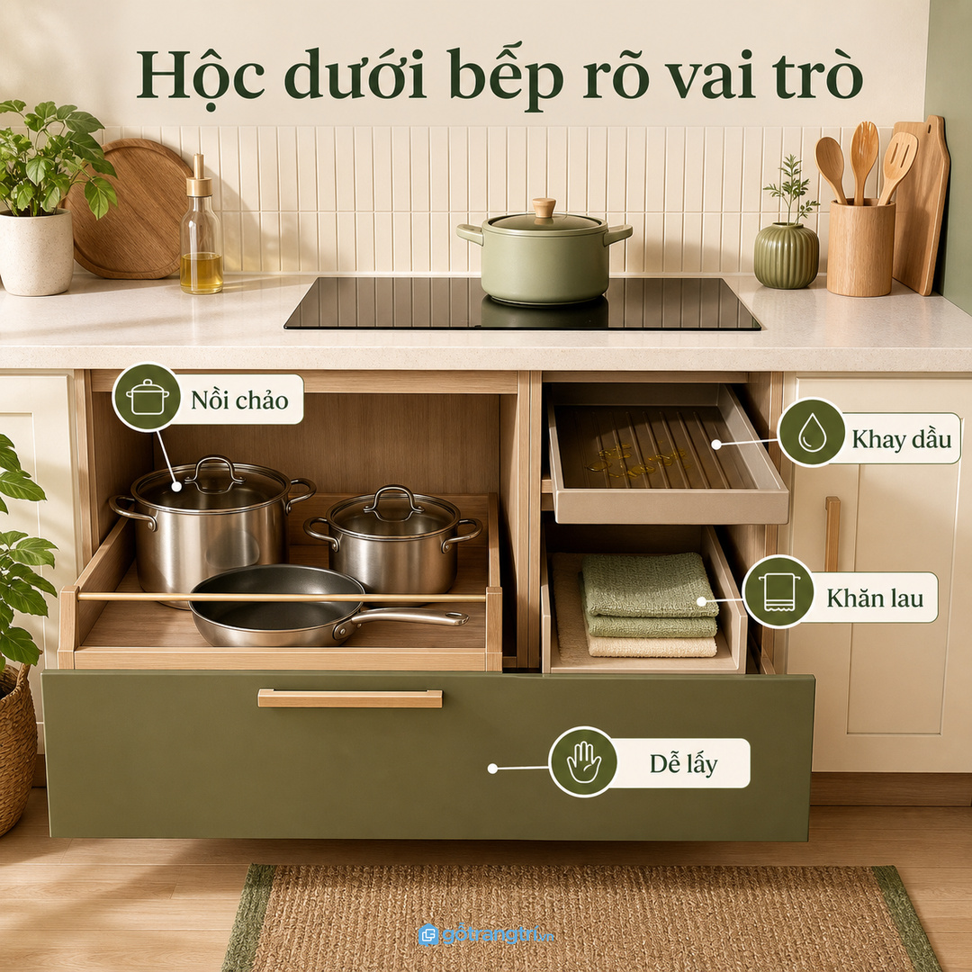 Hộc dưới bếp cần có vai trò rõ để không thành kho đồ lẫn dầu mỡ