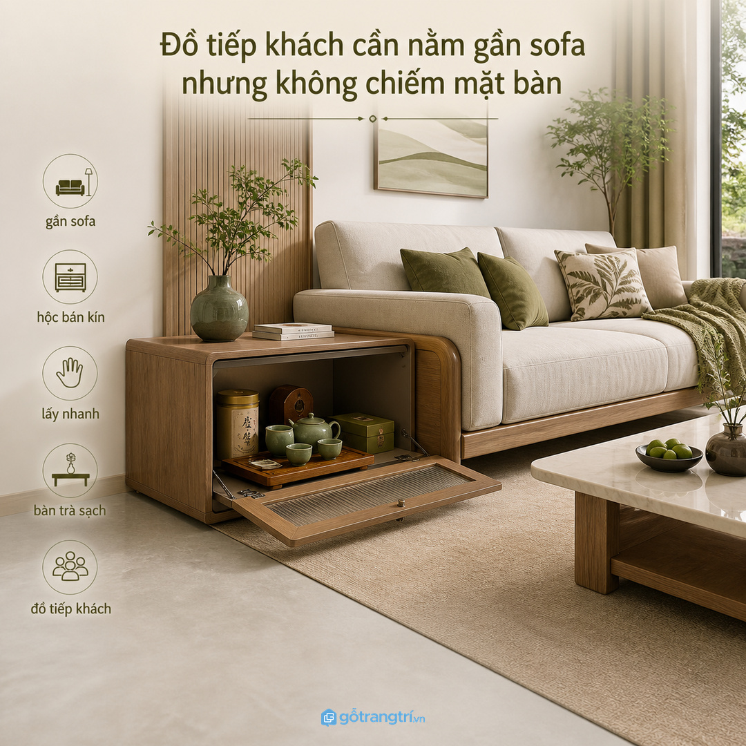 Đồ tiếp khách cần nằm gần sofa nhưng không chiếm mặt bàn