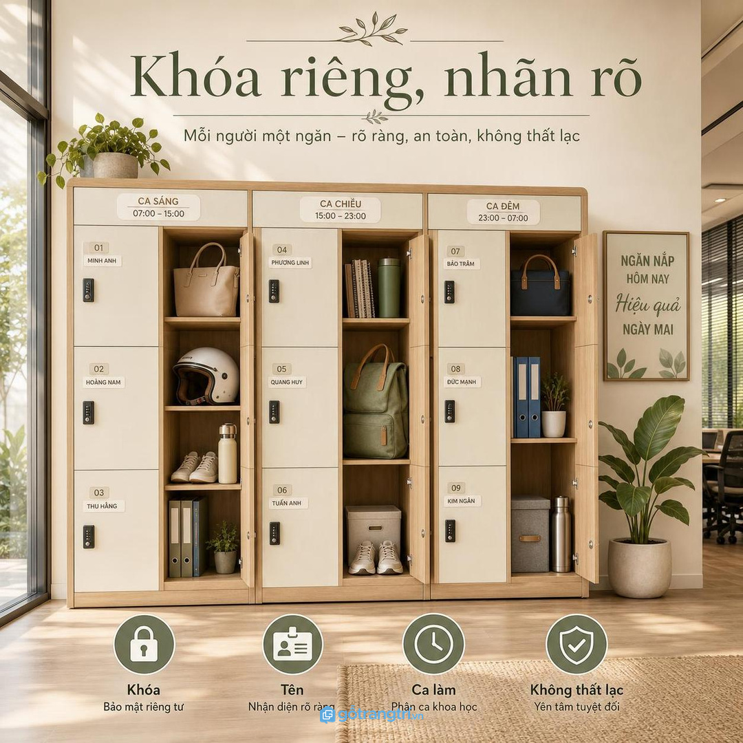 Khóa riêng và nhãn tên giúp đồ cá nhân không thất lạc khi dùng chung văn phòng