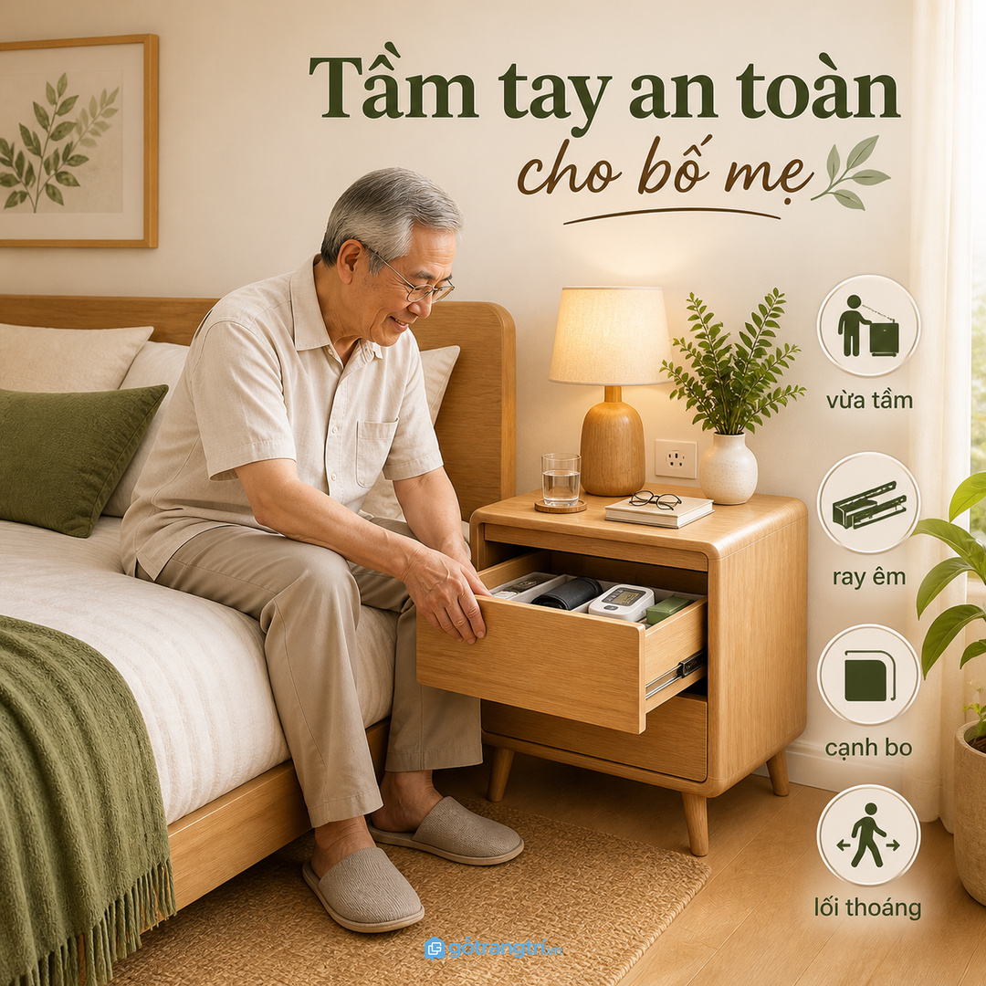 Tủ đầu giường cho bố mẹ cần vừa tầm tay và thao tác an toàn
