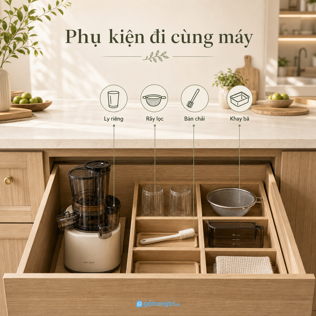 Ly, rây lọc, bàn chải và khay bã nên đi cùng máy ép chậm trong một khoang