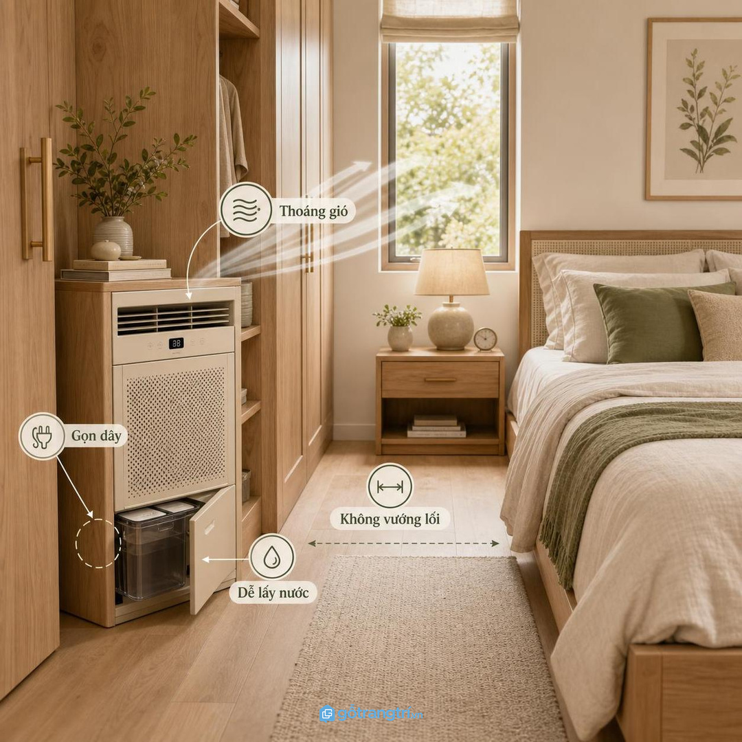 Máy hút ẩm đặt sai chỗ dễ vướng lối đi, cản luồng gió và rối dây điện