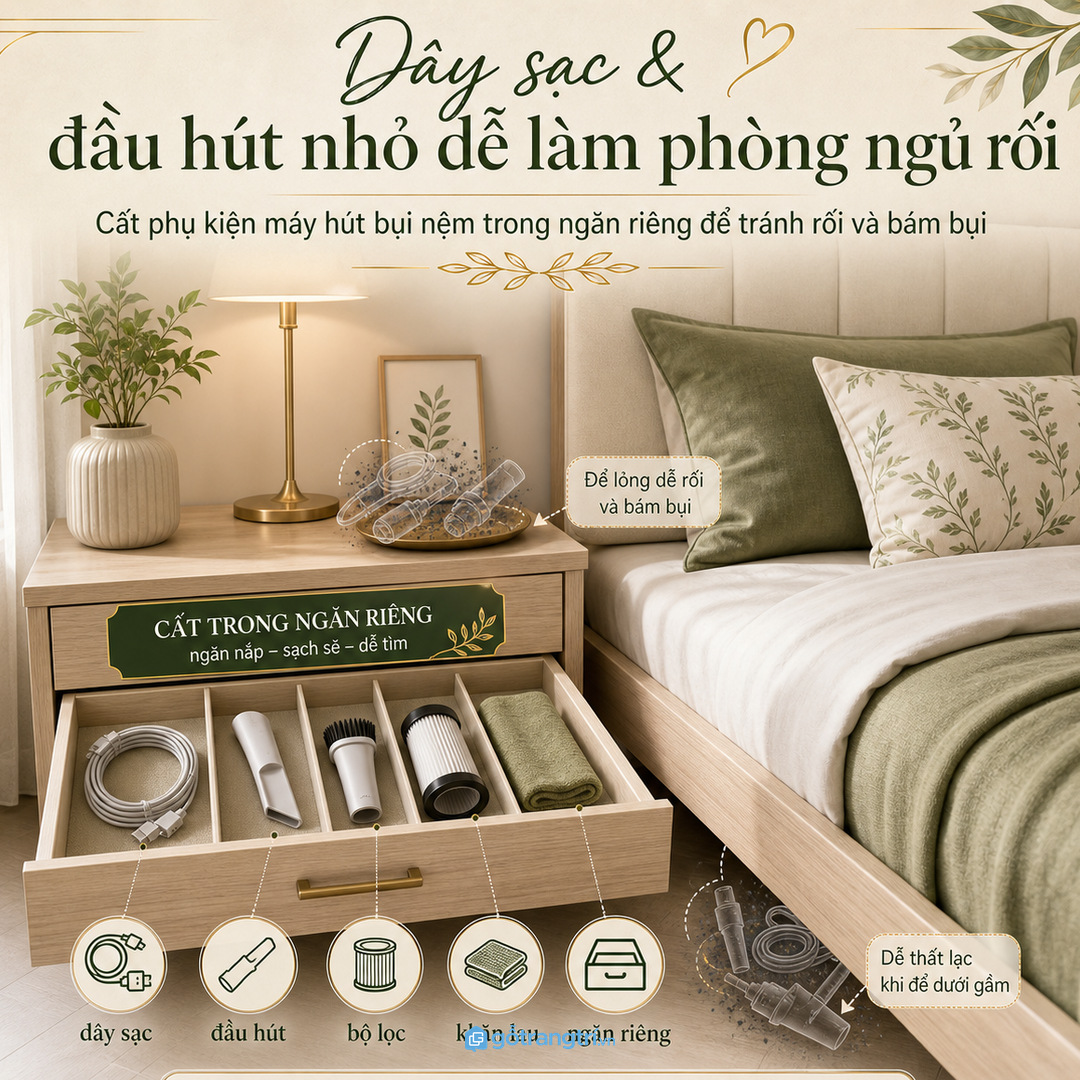 Dây sạc đầu hút bộ lọc và khăn lau cần có ngăn riêng
