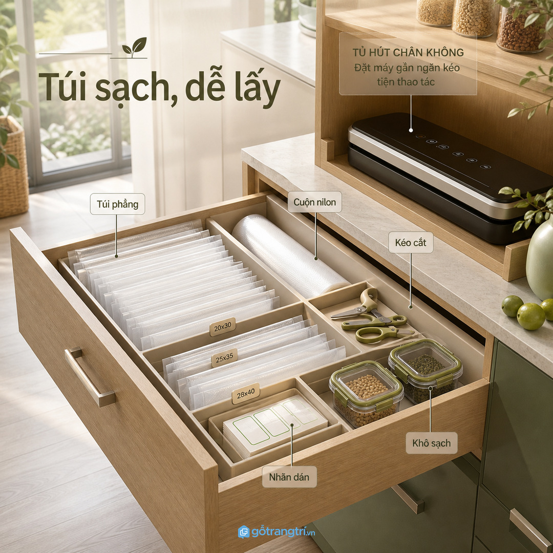 Túi hút chân không và phụ kiện cần ngăn chia sạch, khô, dễ lấy