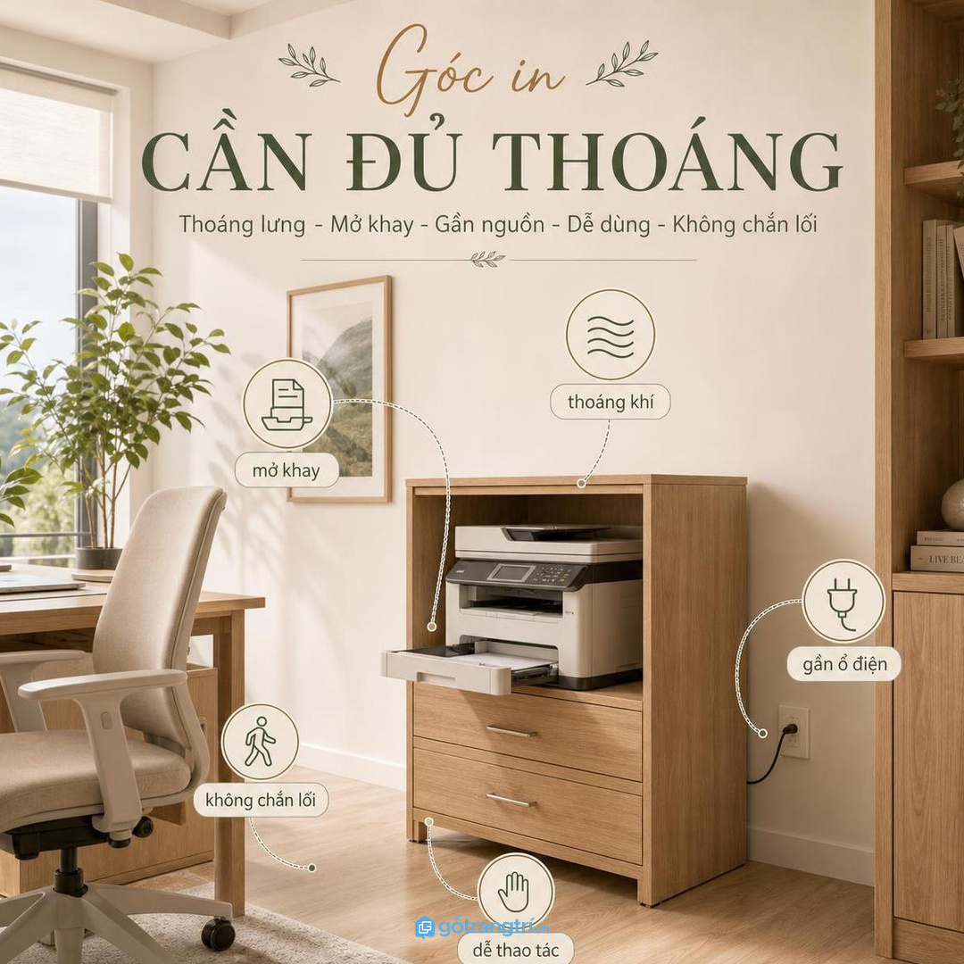 Góc in cần đủ thoáng để máy chạy ổn và không vướng lối đi