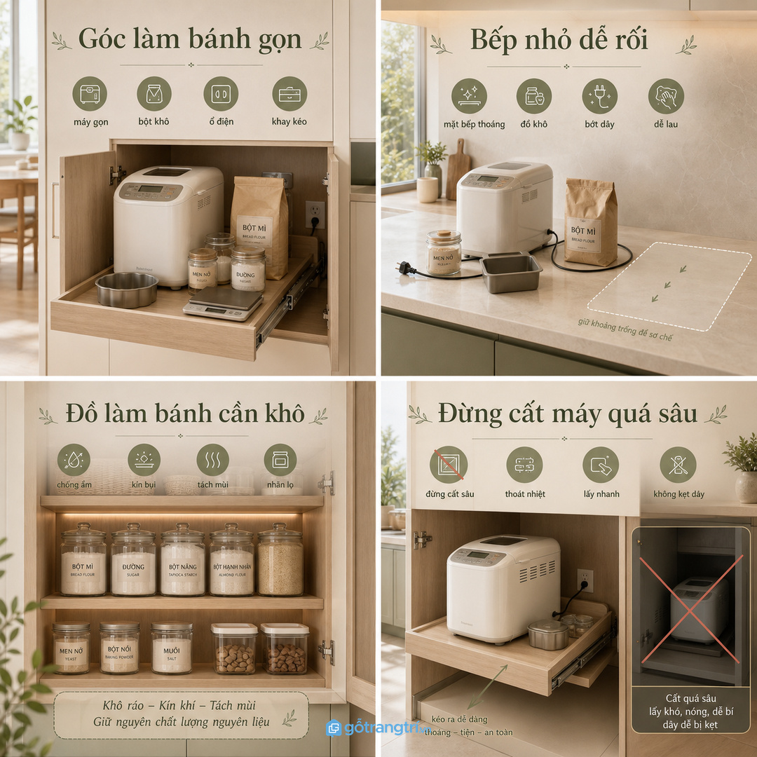 Đồ làm bánh cần khô sạch, kín bụi và tách khỏi mùi dầu mỡ