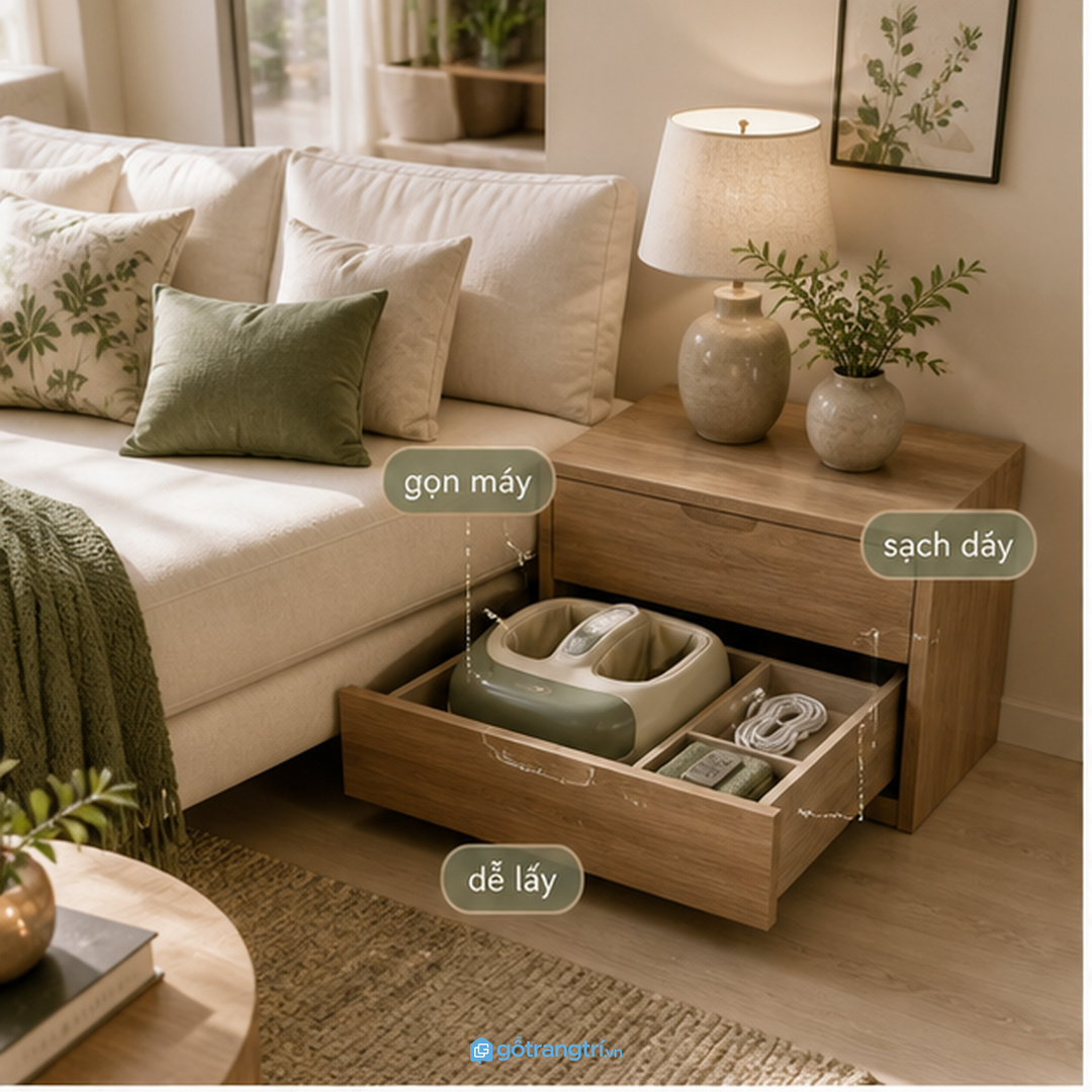 Dây điện, remote và khăn phủ dễ làm góc thư giãn trong căn hộ nhỏ bị rối