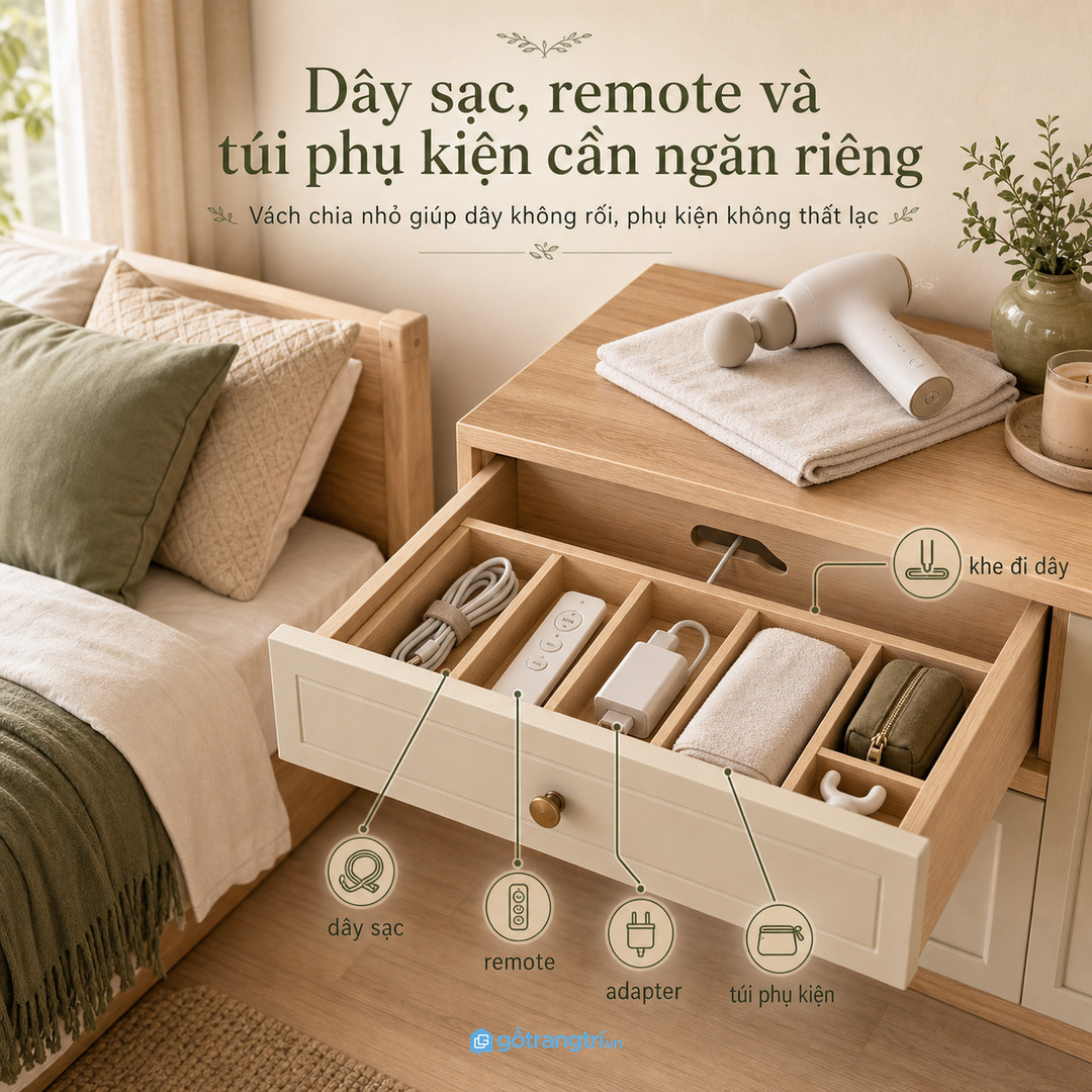 Dây sạc adapter và đầu massage cần khoang riêng để không bị gãy gập