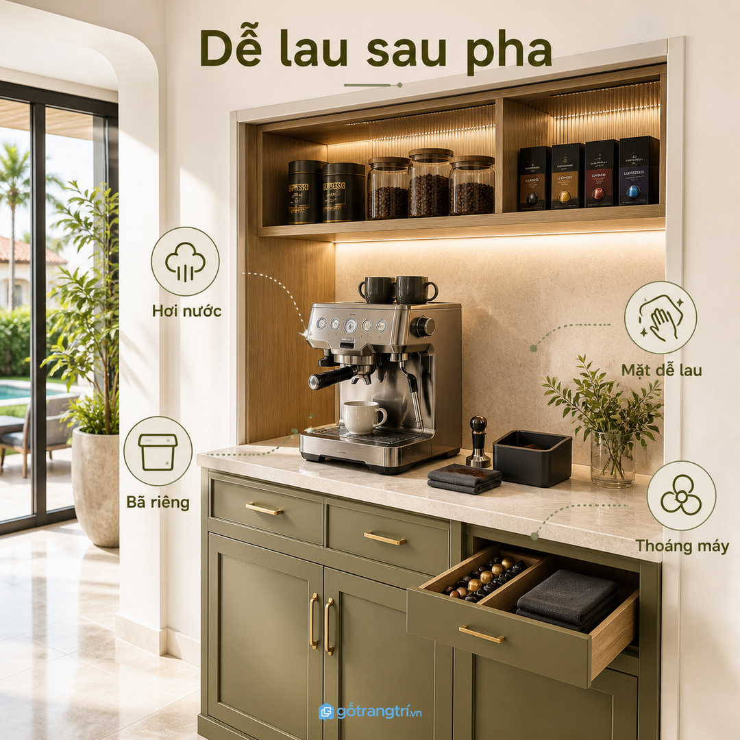 Hơi nước bã cà phê và bột xay cần bề mặt dễ lau
