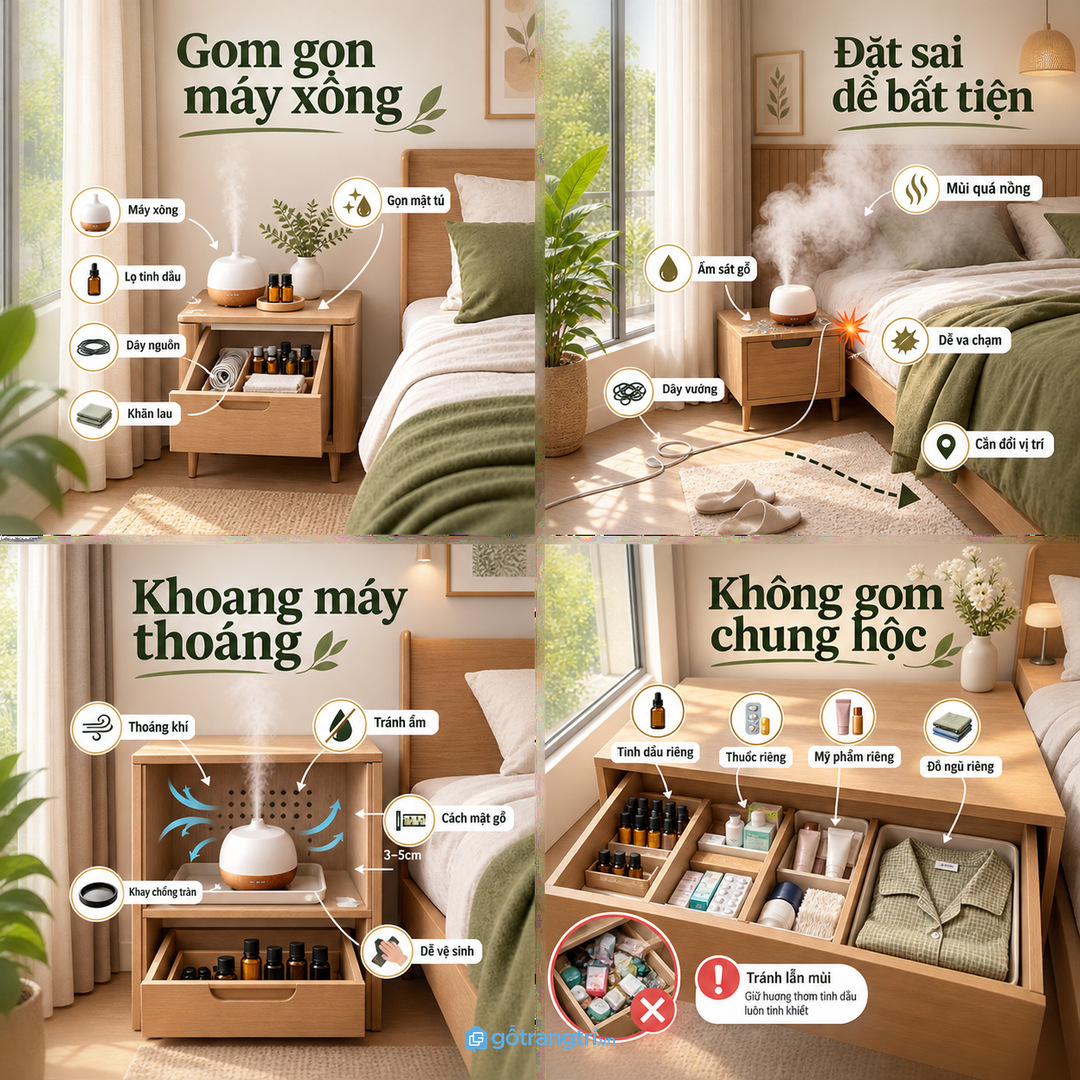 Dây nguồn bình nước và khăn lau cần có hộc riêng gọn