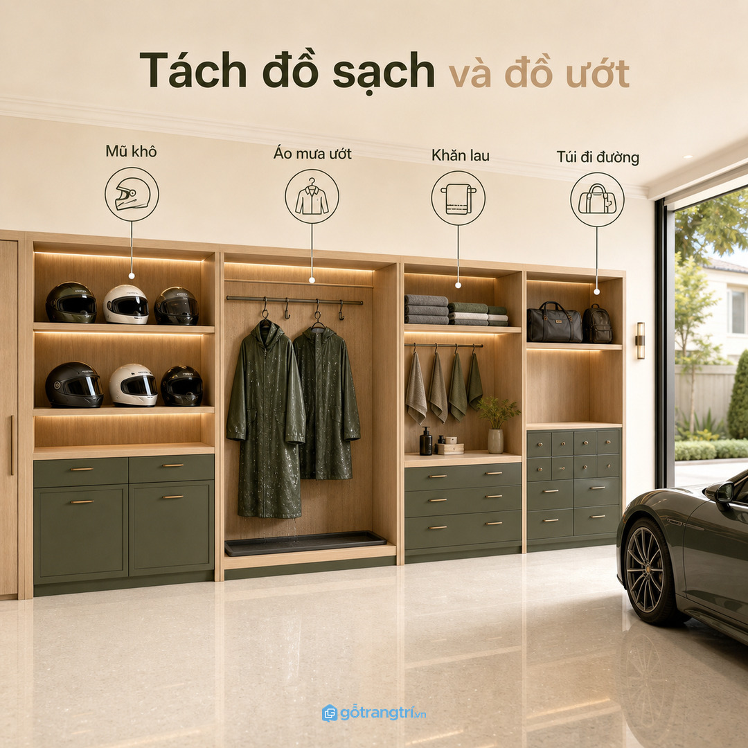 Tách đồ sạch đồ ướt và phụ kiện nhỏ giúp gara biệt thự sạch hơn