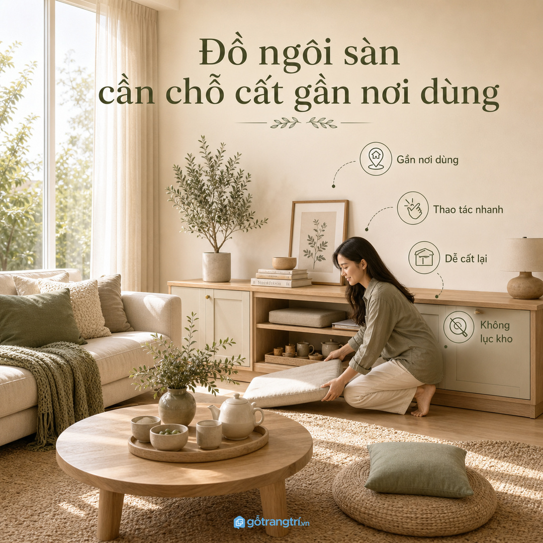 Đồ ngồi sàn cần chỗ cất gần sofa và bàn trà