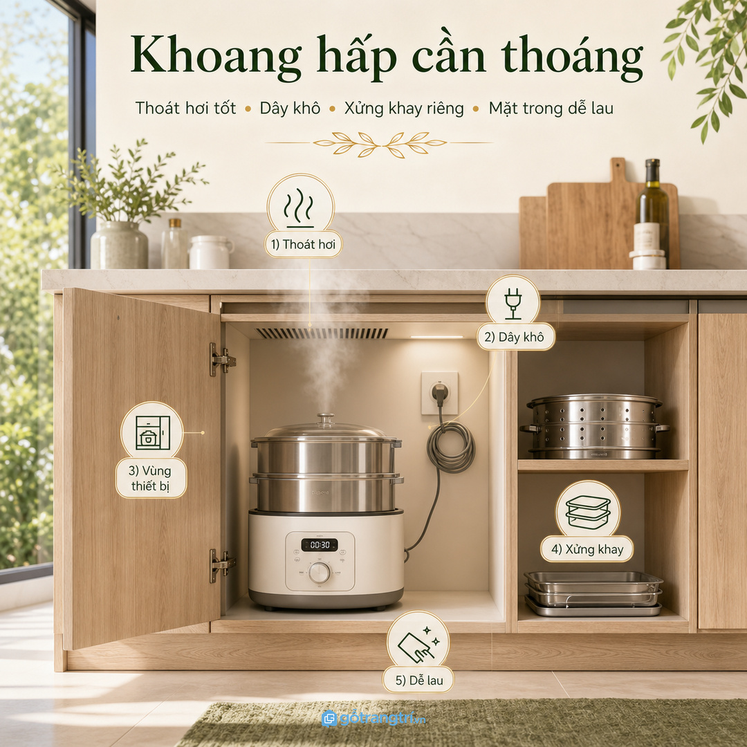 Thiết bị hấp cần thoát hơi, khô dây và không ám mùi vào khoang tủ