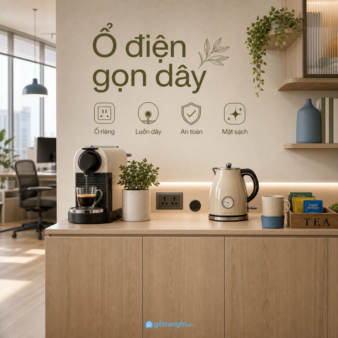 Góc pha cà phê nhỏ cũng là điểm tiếp khách văn phòng