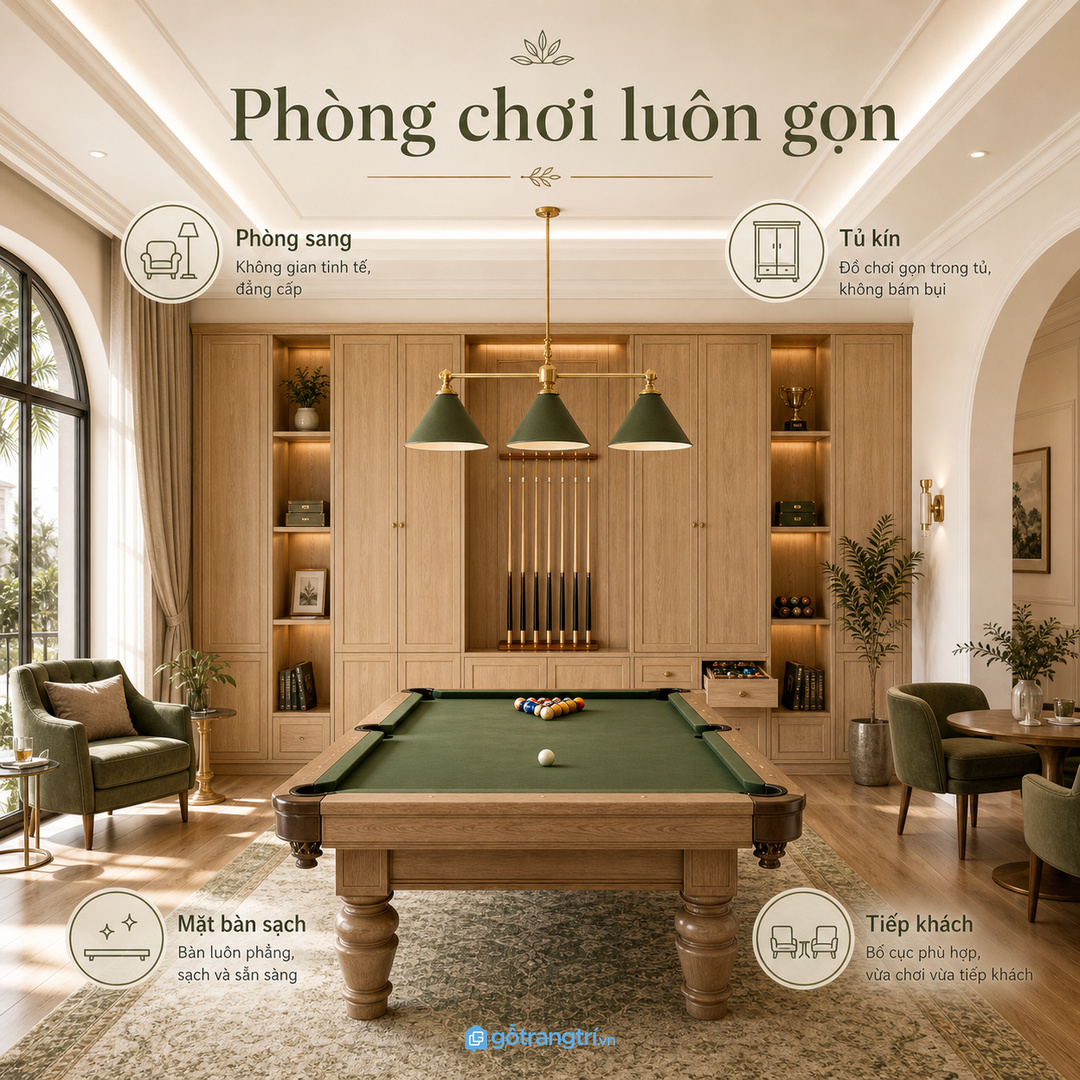 Tủ kín sạch giúp bàn bi-a và khu tiếp khách nhìn chỉn chu hơn