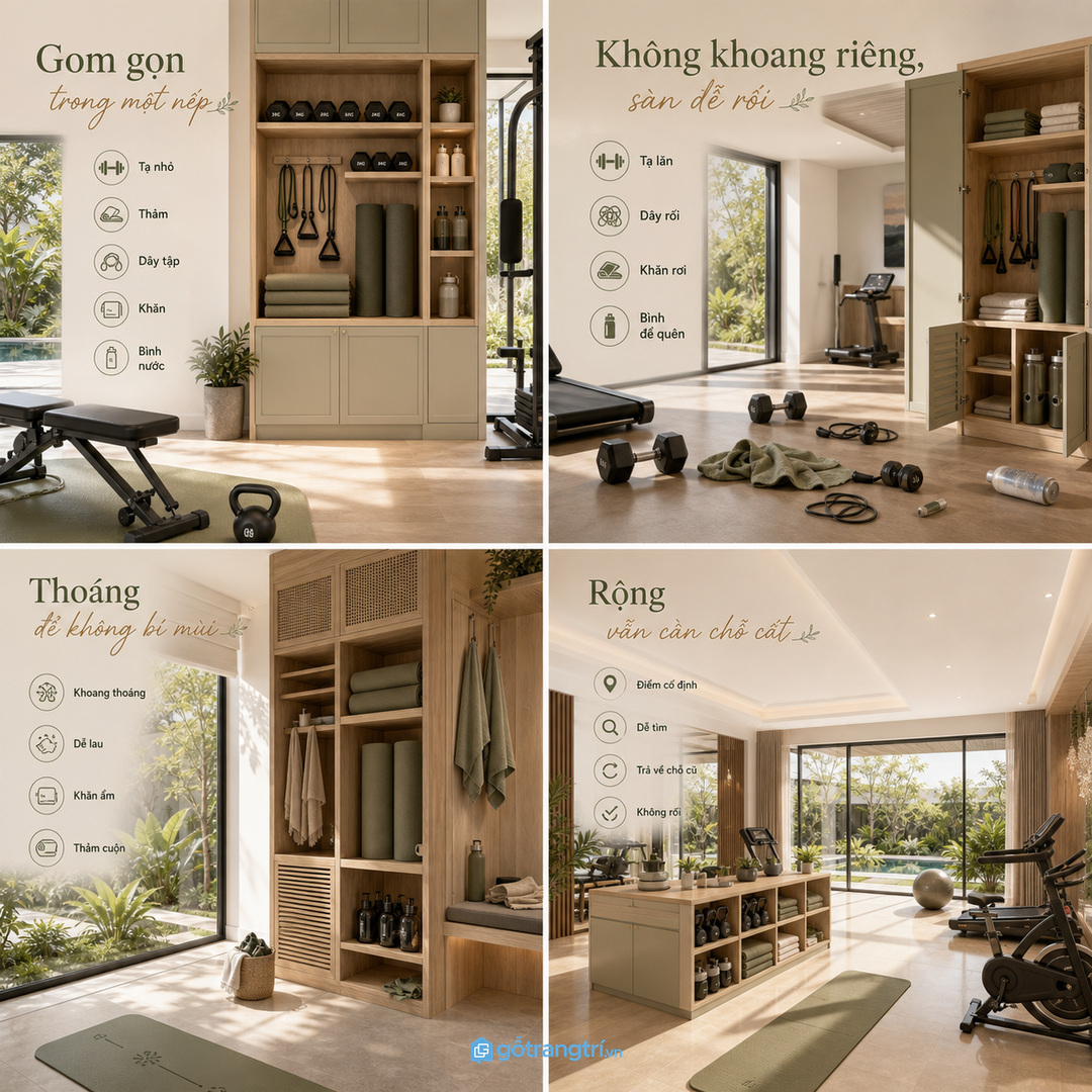 Thảm tập khăn và găng ẩm cần khoang thoáng để phòng gym sạch mùi