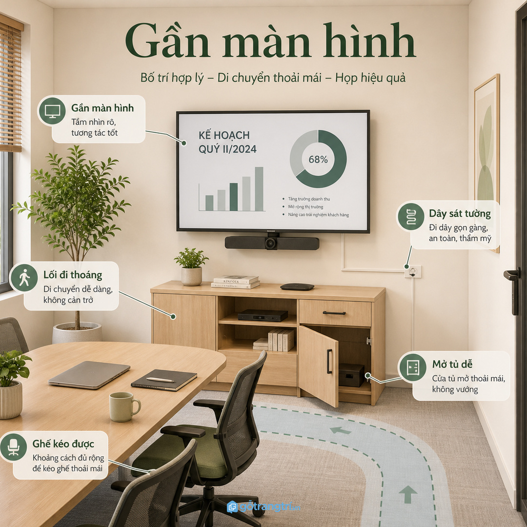 Khu họp nhỏ cần tủ gần màn hình nhưng không chắn lối đi