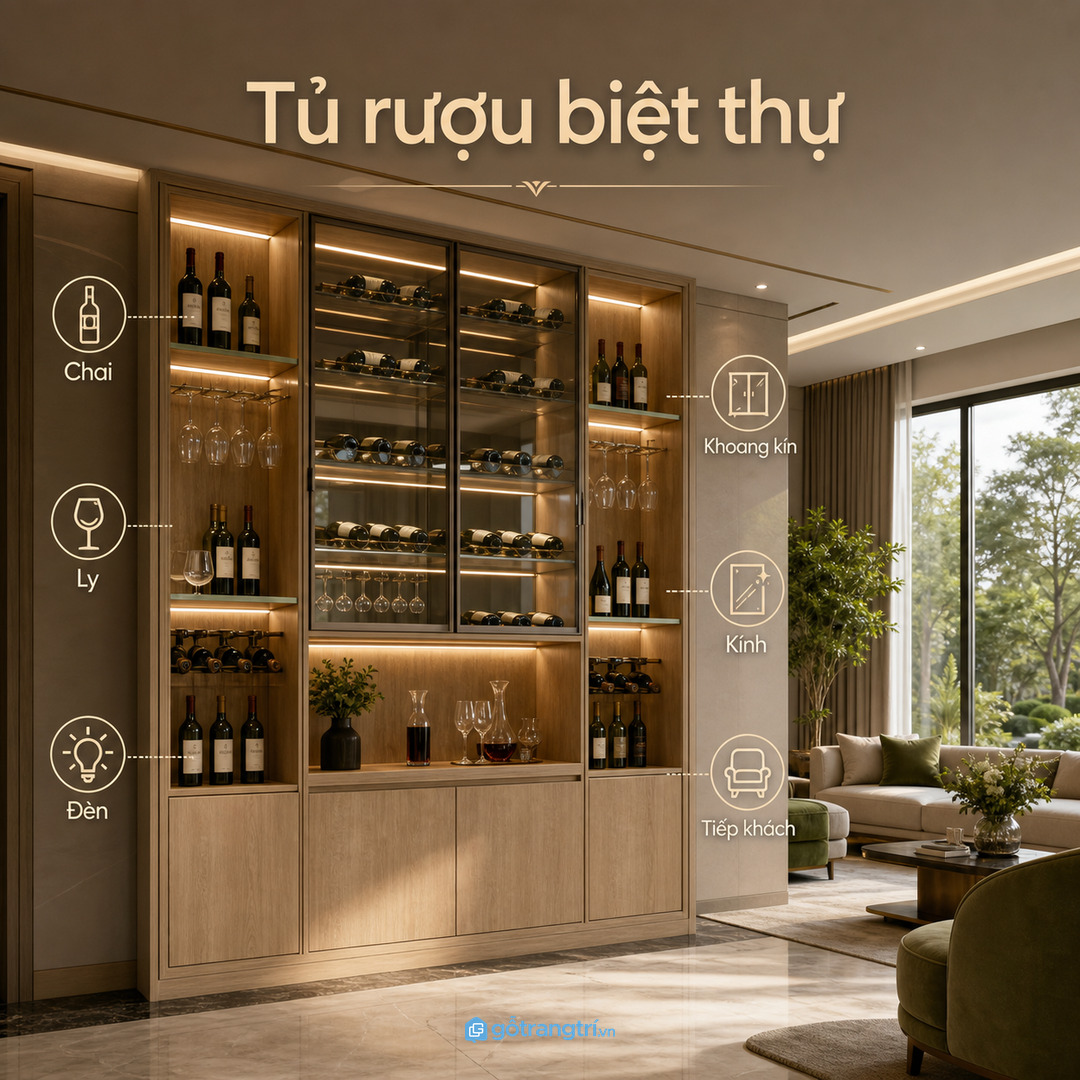 Chai rượu, ly pha lê và phụ kiện bar cần tách khoang để sạch và dễ lấy