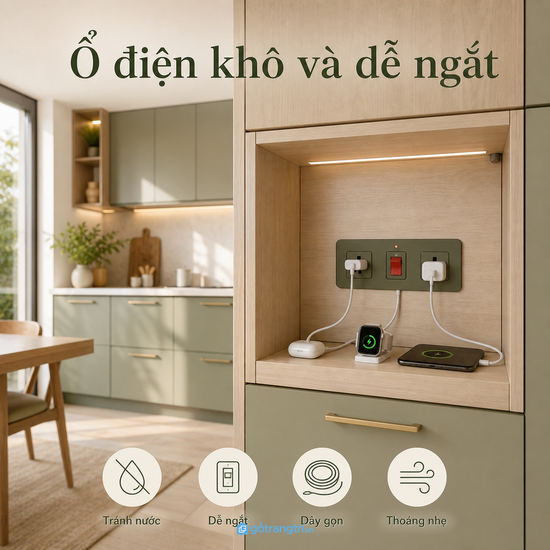 Ổ điện trong bếp cần khô, thoáng và dễ ngắt khi không dùng