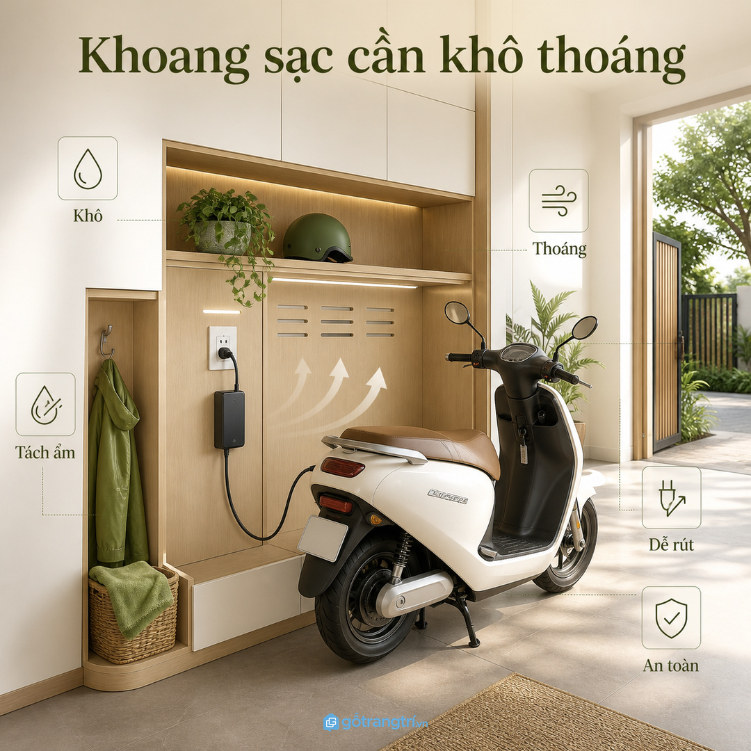 Ổ điện, bộ sạc và đồ ẩm cần được tách rõ ngay từ khoang tủ