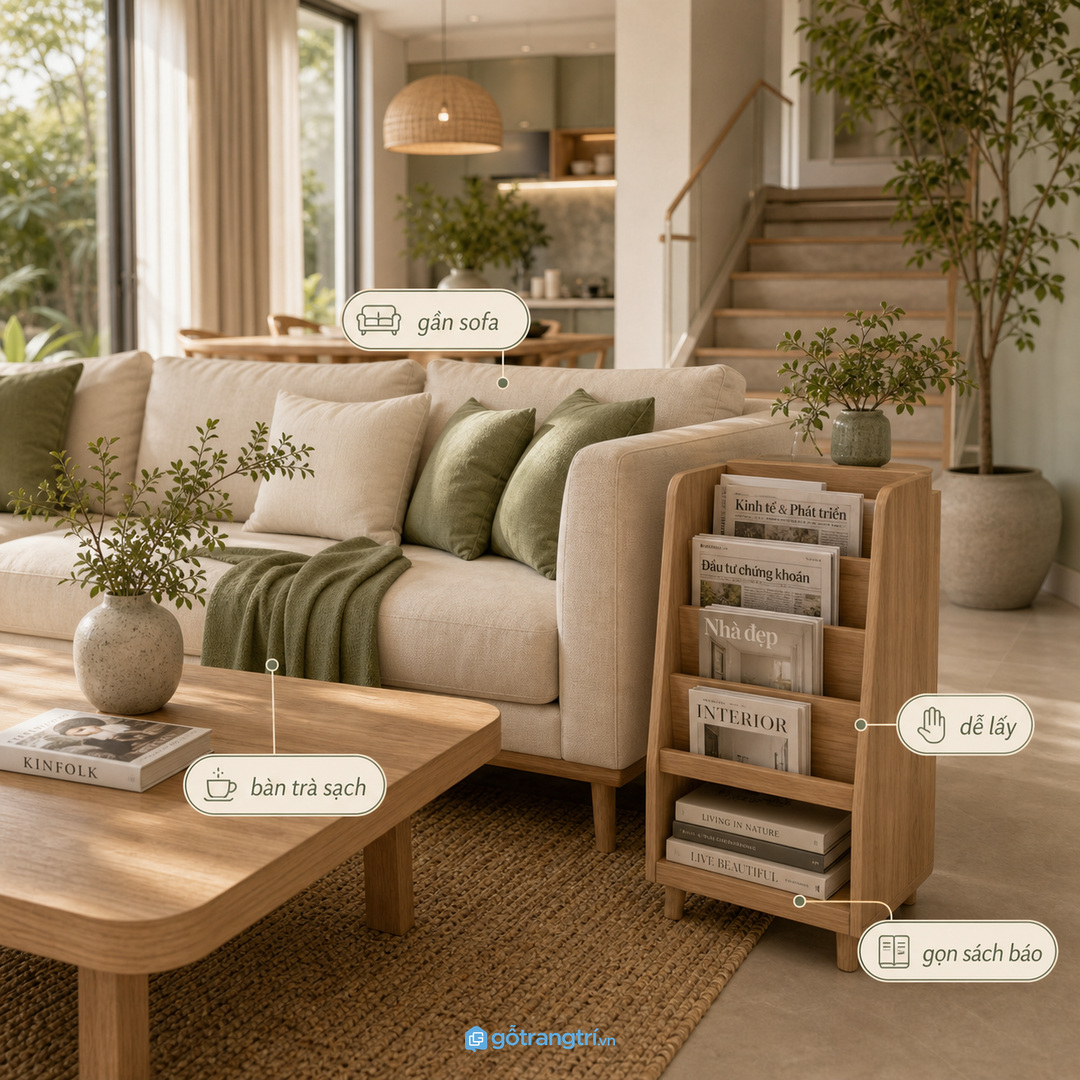 Tạp chí cần đặt gần sofa để dễ lấy nhưng vẫn phải sạch mắt