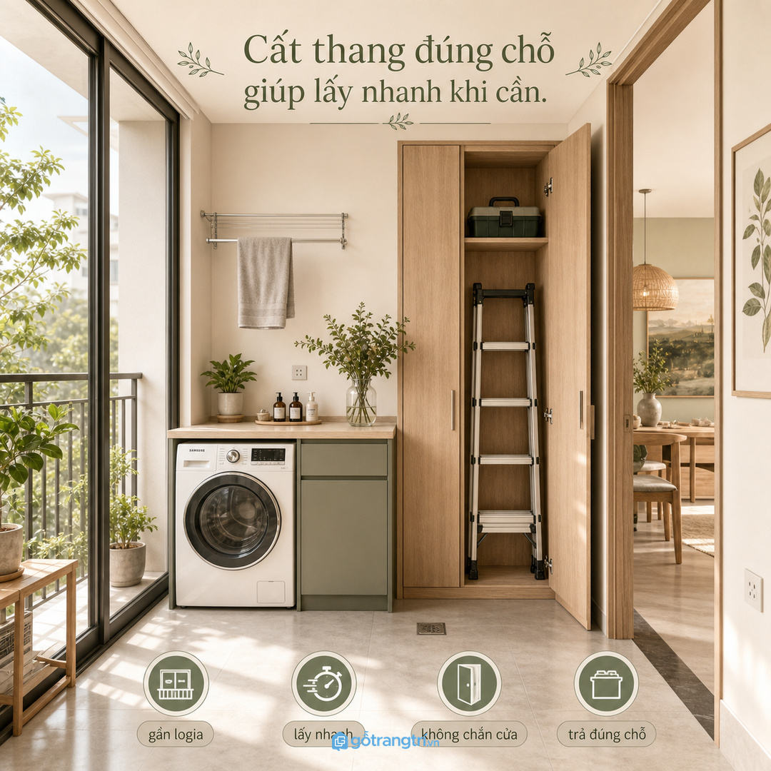 Cất thang đúng chỗ giúp gia đình lấy nhanh khi cần thay bóng đèn hoặc sửa đồ nhẹ